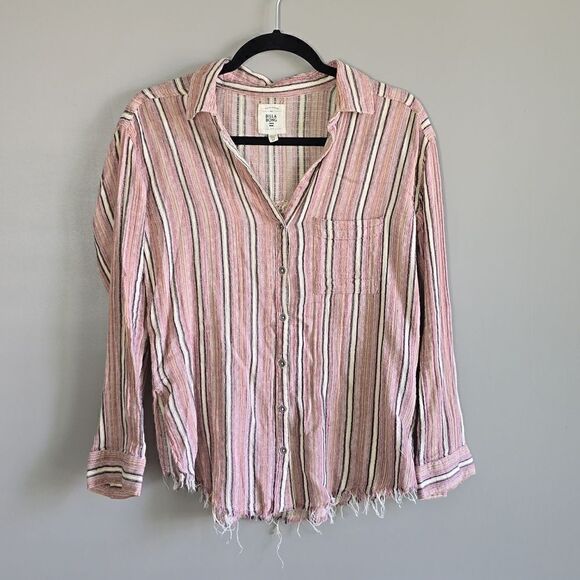 Billabong 100% Cotton Striped Distressed Frayed Loose Fit Classic Button Shirt - Picture 1 of 10